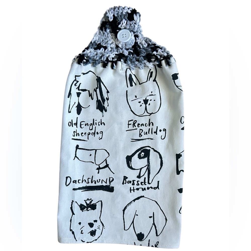 Hand Crafted Black and White Dog Print Hanging Kitchen Hand Towel
